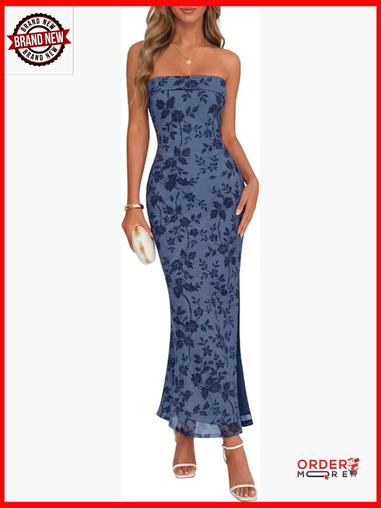 Women's Strapless Floral Tube Top Bodycon Maxi Dress With Slit Mesh